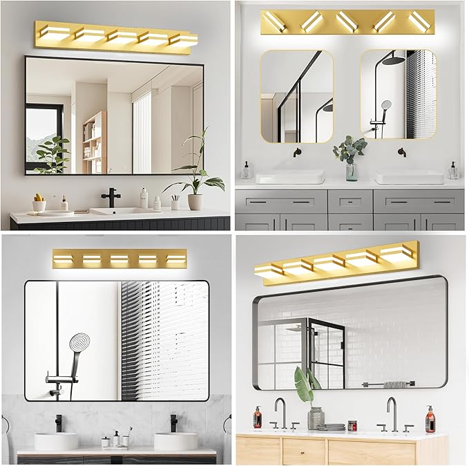 IZORRO LED Modern Bathroom Lights Fixtures(5-Light,Dimmable,360°Rotate),Brushed Glod Acrylic Wall Lighting,Vanity Lights for Bathroom Over Mirror - 6000k 30In (No Assembly Required)