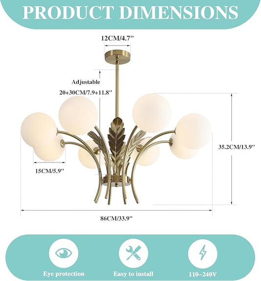 BOKT Gold Semi Flush Mount Ceiling Light Fixture 8 Ball Brass Milk Glass Sphere Sputnik Farmhouse Chandelier Hanging Kitchen Lights for Bedroom Living and Dining Room