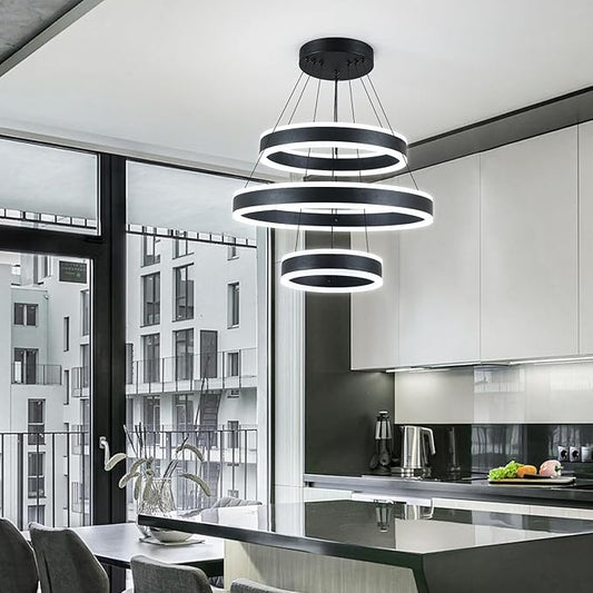 O'NEELDY Modern LED Chandeliers Adjustable Hanging Black Pendant Light Fixture 3 Ring Flush Mount Chandeliers for Bedroom,Kitchen,Island Cafe