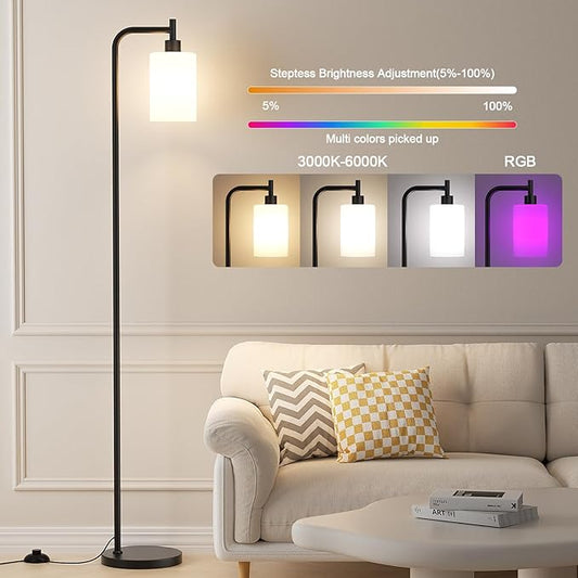 Ziisee RGB Floor Lamps for Living Room, Dimmable Industrial Standing Lamp with Remote Control for Bedroom Office Corner, 3 Colors Temperature, White Glass Shade, 9W RGB LED Bulb