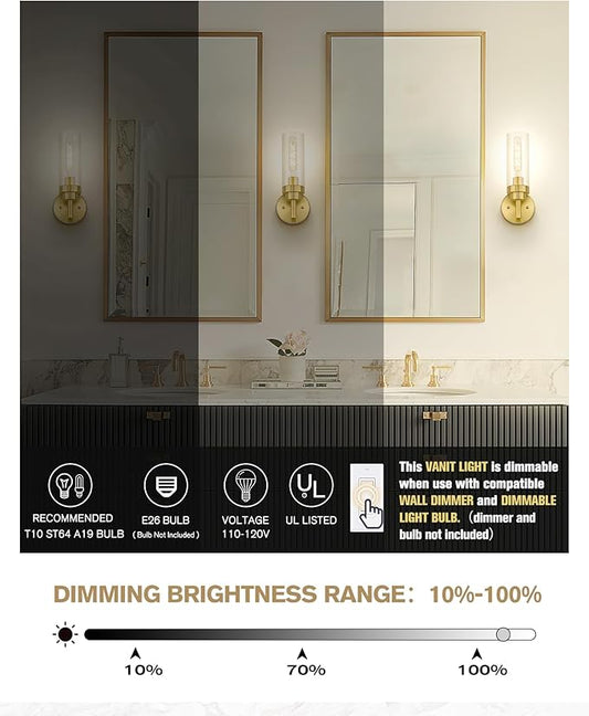 Emak Brushed Gold Sconces Wall Decor Set of 2, Modern Bathroom Light Fixtures Wall Sconce with Clear Glass Shade for Bathroom, Bedroom, Living Room, Hallway, WS085-BGD-2PK