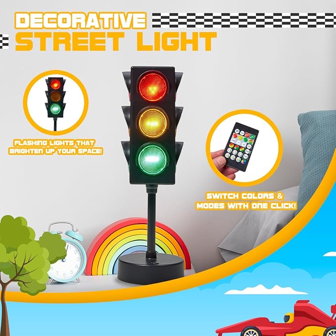 Playbees Mini Traffic Light Lamp with Base 11 inches Vibrant Decoration Working with Batteries or USB-C Traffic Light Blinking Modes Decoration for Bedrooms Stop Sign Room Decor