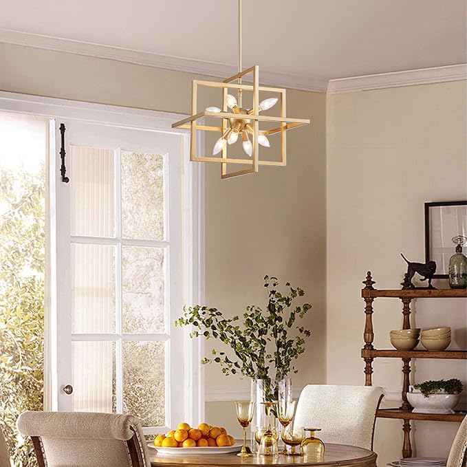 XINGQI 14.96" Gold Chandelier Geometric Pendant Lighting 8-Light Farmhouse Modern Ceiling Light Fixtures for Dining Room Living Room Kitchen Island Bedroom Hallway
