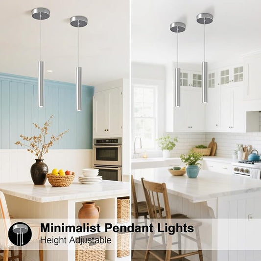 Modern LED Pendant Light Fixtures Chrome Long Tube Pendant Lights 2 Pack Pendant Lighting for Bedroom Dining Room Bar Kitchen Island Hanging Light Height Adjustable, 3000K, 11.8inch