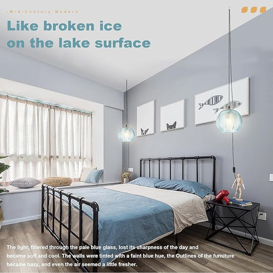 Blue Glass Plug in Pendant Light for Bathroom, Ceiling Light with 14.76ft Long Cord, Kitchen Corded Light Fixture, 8.7" Ribbed Globe, Living Room Corner Hanging Lamp that Plug into Wall Outlet