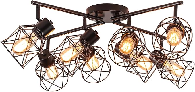 8 Lights Adjustable Multi-Directional Black Light Fixtures, Semi Flush Mount Ceiling Light, Kitchen Light Fixtures Track Lighting Fixtures with Metal Cage Industrial Spotlight Fixtures for Dining Room