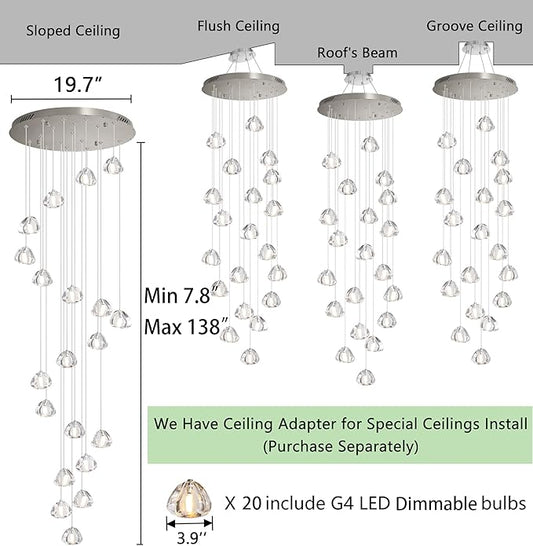 HAIXIANG LED Glam Chandelier 138 inches Long Light Luxury Crystal Ceiling Chandeliers Remote Dimmable High Ceiling Pendants Lighting Fixtures Antique Gold 20 Lights