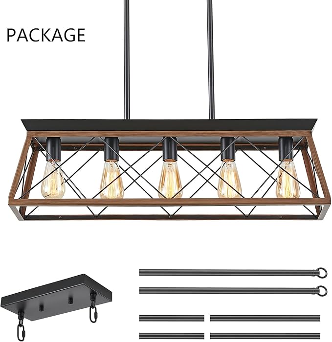 5-Light Dining Room Chandelier Over Table, Farmhouse Kitchen Island Lighting, Adjustable Height Chandeliers for Kitchen, Dining Room Table Walnut