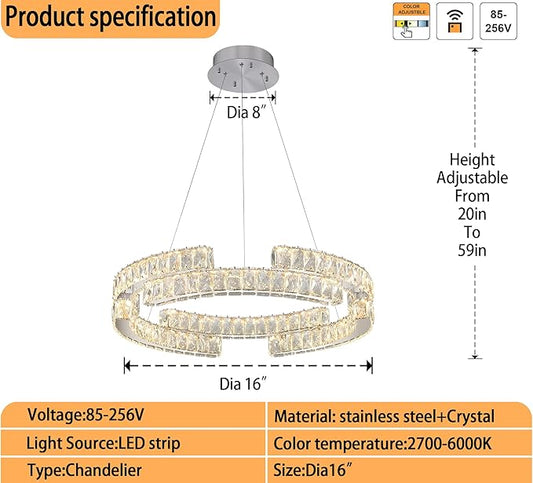 D16'' Modern Crystal Ring Chandeliers for Living Room Dinning Room Crystal Pendant Light Dimmable 3000k-6000k