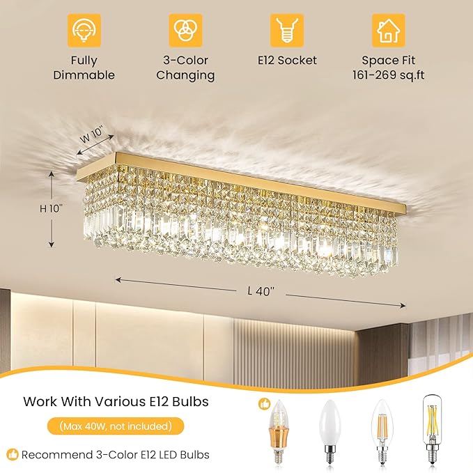 Siljoy Modern Gold Crystal Chandelier for Dining Room, 8-Light Rectangular Flush Mount Crystal Raindrop Chandelier, Luxury Dimmable Crystal Ceiling Light for Living Room Hallway Bedroom L40''