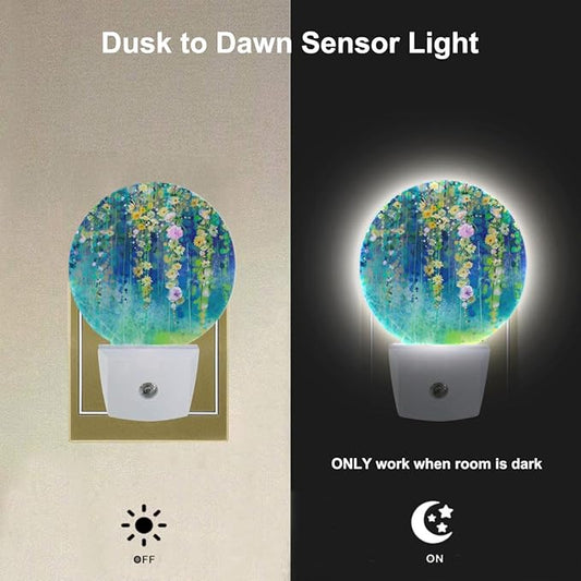 EKOBLA Ivy Plug-in Night Light, Green Floral Ivy & Wisteria Blossom LED Nightlight with Auto Sensor