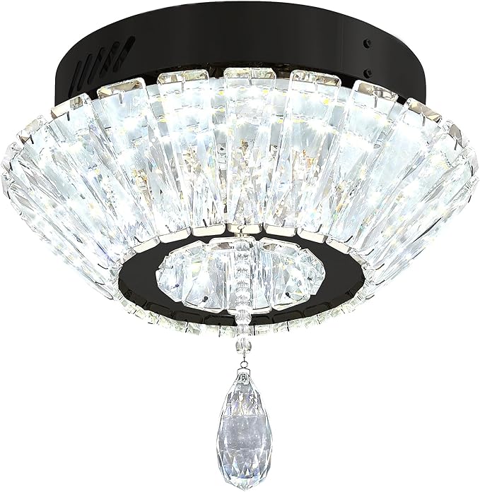 Black 12'' LED Mini Crystal Chandelier Dimmable Flush Mount Ceiling Light for Hallway Modern Living Room Bedroom Dining Room Foyer