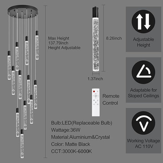 12-Lights Bubble Chandelier for Entryway High Ceiling-137 Height Adjustable Crystal Chandelier,3 Color Temperature Dimmable LED Pendant Light Fixture for Foyer Living Room Staircase,Matte Black