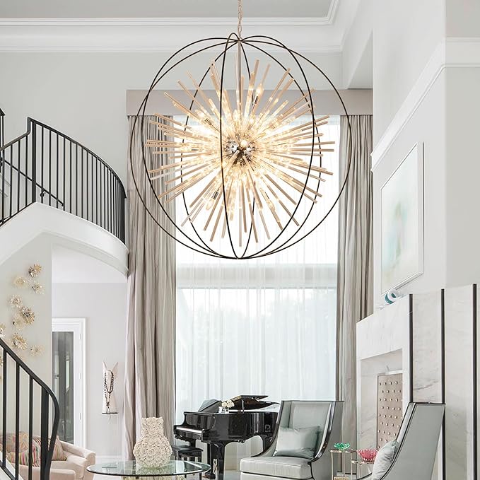 Vezzio 52" Large Globe Chandeliers for High Ceilings 32-Light Modern Black Crystal Chandelier Pendant Light Fixture for Entryway, Foyer, Stairway, Kitchen, Dining, Living Room