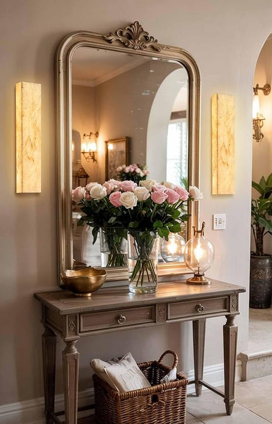 Alabaster Wall Sconces Natural Marble Bathroom Vanity Wall Light Fixture 21.7" Long Marble Wall Sconce Square Alabaster Stone Wall Mount Light Warm Light for Living Room Bedroom Hallway Stairs