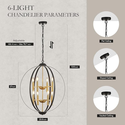 23.6''Black Gold 8-Light Globe Chandelier, Modern Industrial Adjustable Hanging Ceiling Pendant Light Fixture for Entryway Foyer Stairway Hallway Bedroom Living Room Kitchen Island