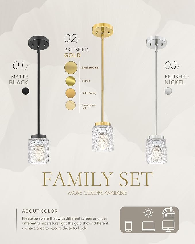 FEMILA 3 Pack Brushed Nickel Pendant Lighting,4" Mini Glass Pendant Light for Kitchen Island, Pendant Light Vintage Light Fixtures for Bedroom, Hotel, Dining Room, 4FY86MIL-3PK BN