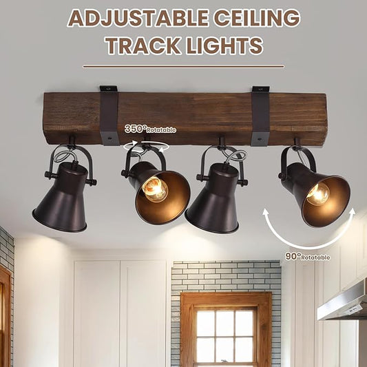 4 Light Semi Flush Mount Ceiling Light, Farmhouse Wooden Track Lighting Fixtures Ceiling, Rustic Kitchen Lights Ceiling for Island Dining Room Living Room.