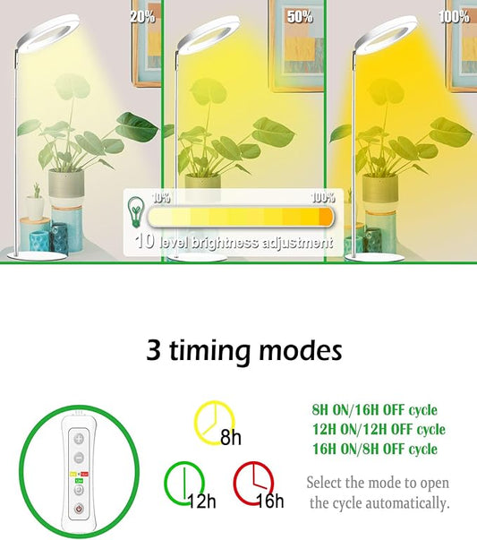 Yadoker 72 LEDs Full Spectrum Plant Grow Light for Indoor Plants,Height Adjustable, 6.3" Aluminum Housing,Automatic Timer with 8/12/16 Hours,10-Level Brightness,White Plant Light,1Pack