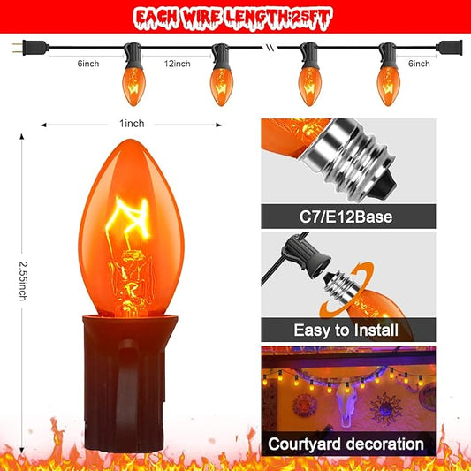 Abeja 25Ft C7 Orange String Lights with 27 Clear Orange Bulbs (2 Spare) - Vintage Halloween String Lights on Black Wire for Patio, Party & Spooky Decor