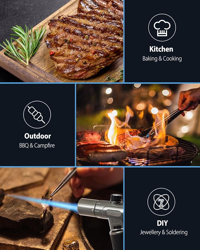 RONXS Torch Lighter, Refillable Kitchen Butane Torch, Cooking Torch with Safety Lock and Adjustable Single/Dual Flame for Creme Brulee, BBQ, Baking, Crafts and Soldering (Butane Gas Not Included)