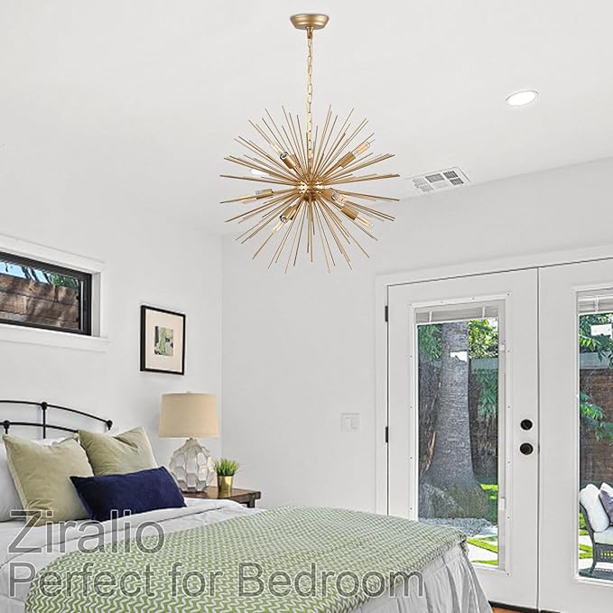23.8" Modern Sputnik Chandelier 9-Lights Mid-Century Modern Starburst Golden Chandelier Luxury Gold Solid Metal Sputnik Satellite Chandeliers for Dining Room, Kitchen Island, Bedroom, E12