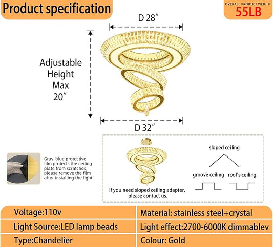 Led 32'' Gold Ring Chandelier,Modern Luxury Crystal Chandelier for Dining Living Room 3-Tier Raindrop Chandeliers Lighting LED 3000-6000K Infinity Dimmable