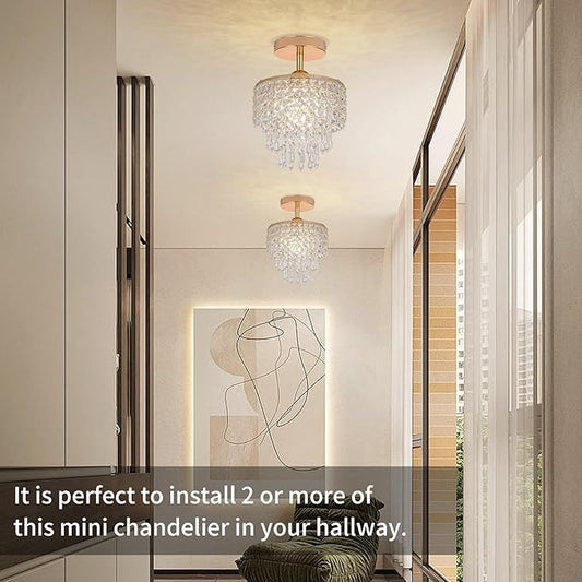 Mini Crystal Chandelier 3-Tier Raindrop Semi Flush Mount Ceiling Light Fixture Crystal Chandeliers for Bedroom Kitchen Hallway Bathroom Closet (Gold)