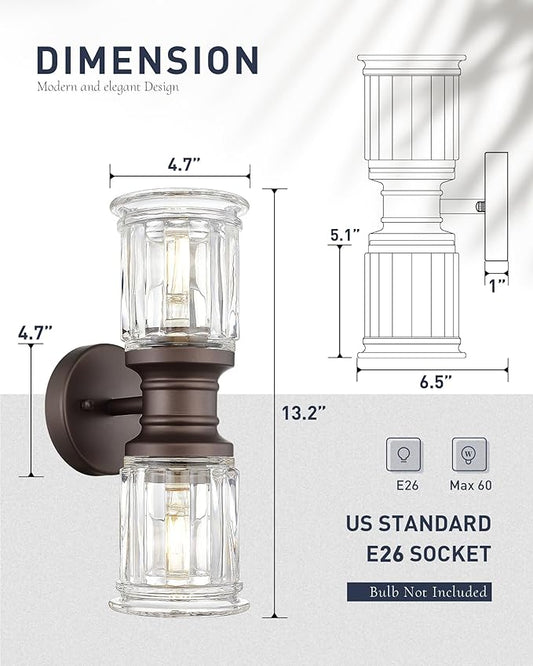 Rustic Wall Sconces, HWH Farmhouse Sconce Wall Lighting in Oil-Rubbed Bronze Finish, 2-Light Indoor Up Down Wall Light for Bathroom, Bell-Shaped Clear Glass, 5HZG106B-2W ORB
