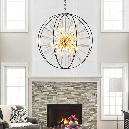 Vezzio 35" Black and Gold Chandelier for Entry Chandeliers for High Ceilings Large Globe Crystal Pendant Lights for Entryway Foyer Stairway Hallway Dining Room Living Room