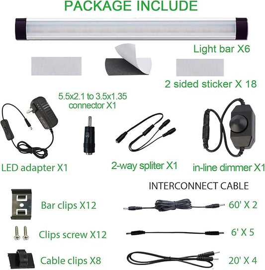 AIBOO LED Under Counter Light Rigid Bar Kit, Plug in Corded 12V LED Under Cabinet Lighting Dimmable with Switch for Counter Shelf Showcase Display Lighting (6 Panels,Daylight White)