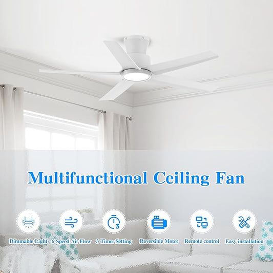 ocioc 44 Inch Ceiling Fans with Lights, Large Air Volume Ceiling Fan with Nightlight, Ultra Quiet Reversible DC Motor with Remote(White)