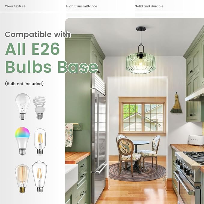 2-Lights Modern Hanging Light Green Pendant Light Fixtures Mid Century Large Glass Pendant Lights 11" Striped Glass Shade Black Schoolhouse Kitchen Sink Ceiling Hanging Lamp Fixture