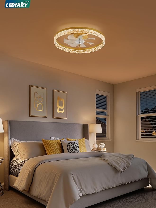 LEDIARY 20" Modern Ceiling Fans with Lights and Remote, Dimmable Low Profile Ceiling Fan, Flush Mount Fan, Stepless Color Temperature Change and 6 Speeds - Gold
