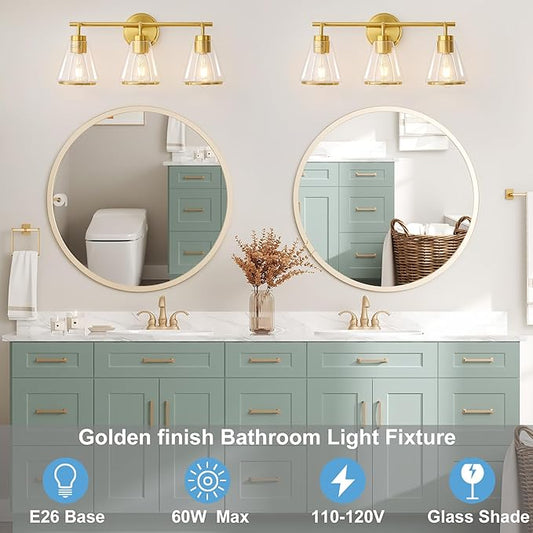 Gold Vanity Light - Bathroom Light Fixtures Over Mirror, 3 Lights Fixture, Clear Glass Shade, 22 inch Modern Wall Sconce for Bathroom, Bedroom