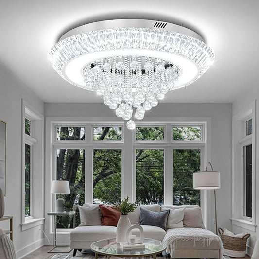 Modern LED Crystal Chandelier, Large Round Raindrop Chandelier for Living Dining Room 32in Chorme Flush Mount Ceiling Light Kitchen Island Bar