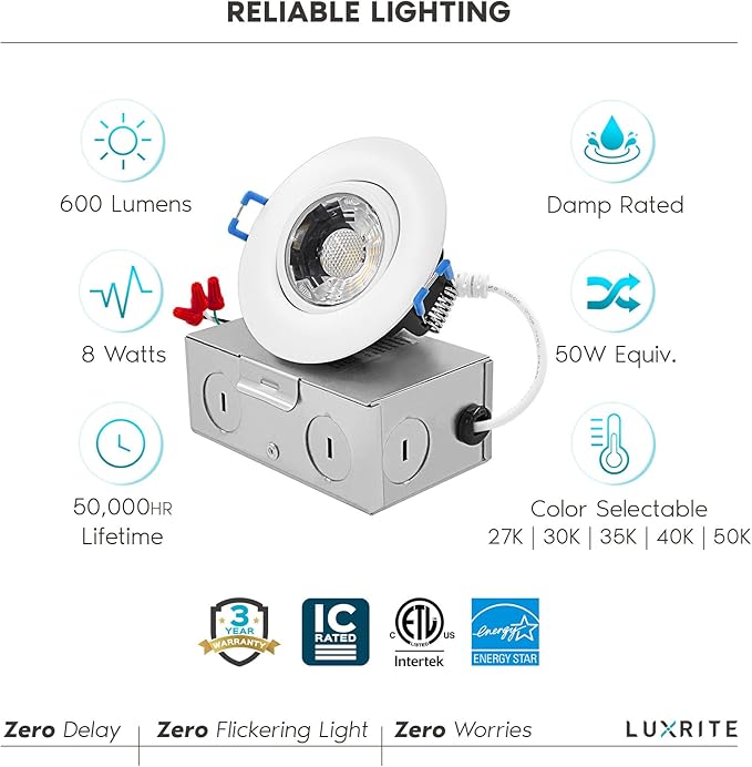 LUXRITE 3 Inch Gimbal LED Recessed Light with Junction Box, 5CCT Color Selectable 2700K-5000K, Dimmable Adjustable Eyeball Swivel Lights, 600 Lumens, 8W, IC Rated, Damp Rated, ETL Listed