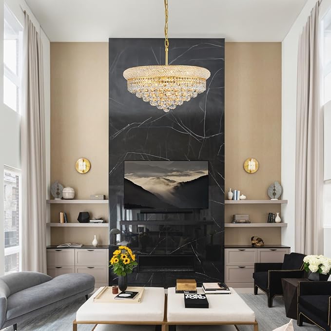 Crystal Chandeliers for Dining Room Light Fixtures Over Table, Empire Style k9 Crystal Chandelier for Bedroom, 9 Lights Gold Luxury Lighting Fixtures for Living Room Kitchen lsland Entryway D22 Inch