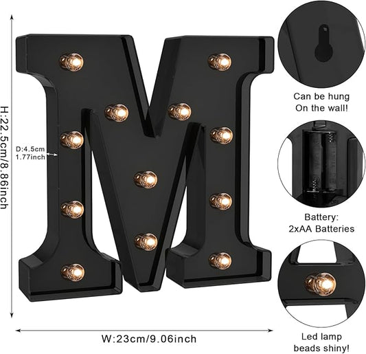 Foaky Black LED Letter Lights for Room Decor - Bedroom Wall Decor, Alphabet Lights for Home, Wedding, Party - Battery Operated (M)
