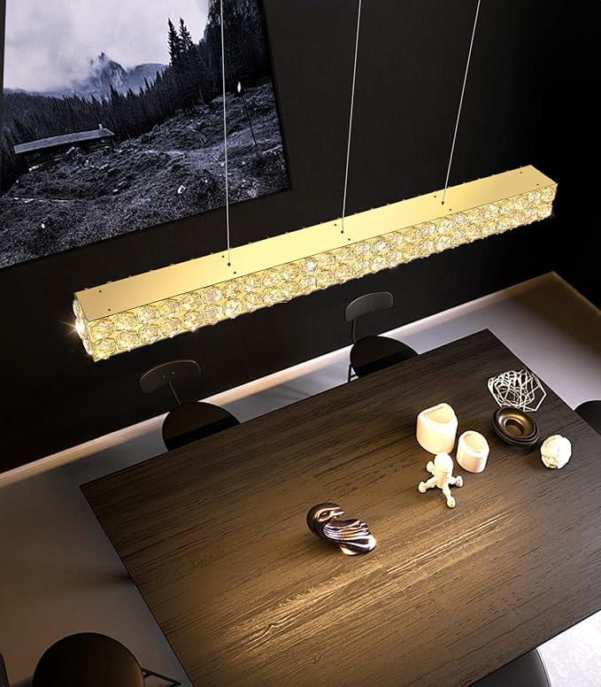 47'' Modern Crystal Chandelier for Dining Room Ceiling Light Fixture for Living Room Hallway Lighting LED Dimmable with Remote Gold