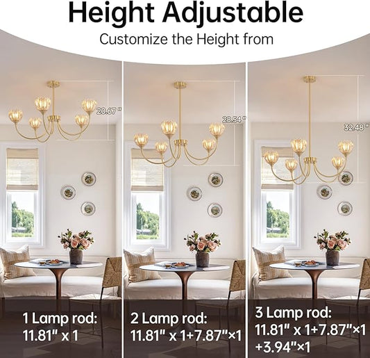 Shenmoyl 30.31" Brass Gold Chandelier, 5-Light Chandelier Light with Amber Tulip Glass Lampshade, Height Adjustable Vintage Chandeliers for Dining Room Living Room Kitchen Island