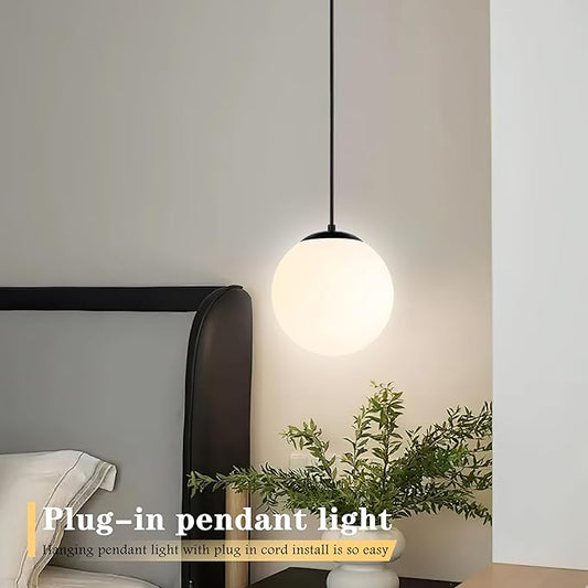 KoKo&Yukina 8" Globe Pendant Light Black Plug in Pendant Light Adjustable Hanging Lights with Plug in Cord Matte Black Finished with Milk Glass Lampshade for Bedroom Kitchen Island(Bulb Included)