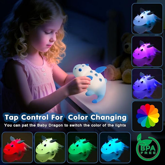 Cute Baby Dragon Kids Night Light for Kids,Cute Soft Silicone Lamp 3 Level Dimmable Changing Rechargeable Breastfeeding Nursery Portable Kawaii Lamps,Bedside Lamp for Baby and Toddler,Boy Girls(Blue)