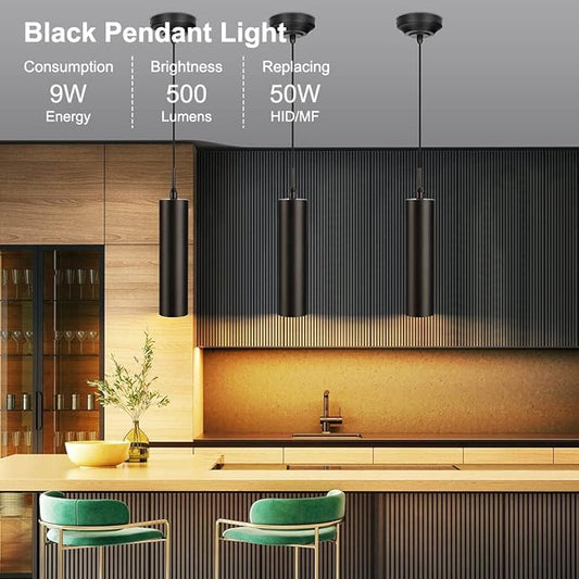 DAKASON Black Pendant Light, LED Modern Pendant Light Fixture for Kitchen Island, Adjustable Rope Hanging Ceiling Lamp for Dining Room, Bar Restaurant, Living Room, Hallway (3Pack)