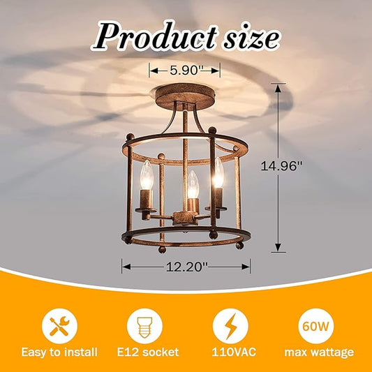 UOFUS 3-Light Farmhouse Vintage Semi Flush Mount Ceiling Light Fixtures in Rustic Bronze Metal Chandelier for Island Living Room Bedroom Kitchen Foyer Laundry Room Entryway Hallway