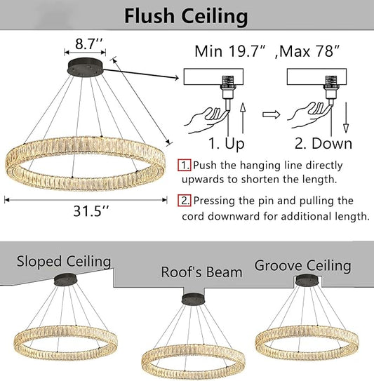HAIXIANG Modern Crystal Chandelier Dimmable LED Ring Pendant Chandeliers Light Adjustable Glam Hanging Lighting Fixtures for Dining Room Living Room Bedroom Black Light