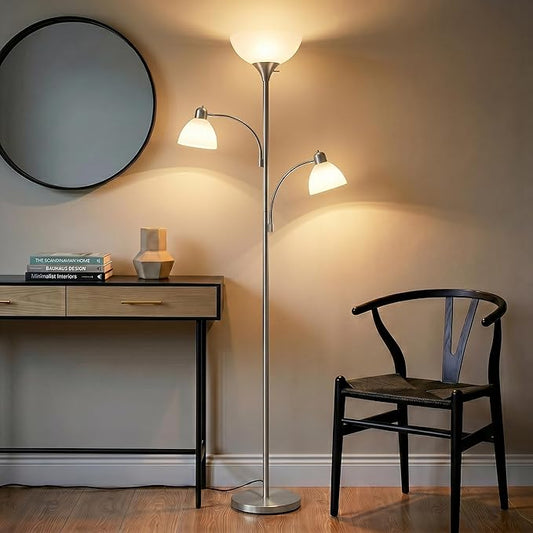 Brightech Sky Dome Double LED Floor lamp, Torchiere Super Bright Floor Lamp with 2 Reading Lamps for Living Rooms & Offices - Dimmable Tall Standing Lamp for Bedroom Reading - Tall Silver Pole