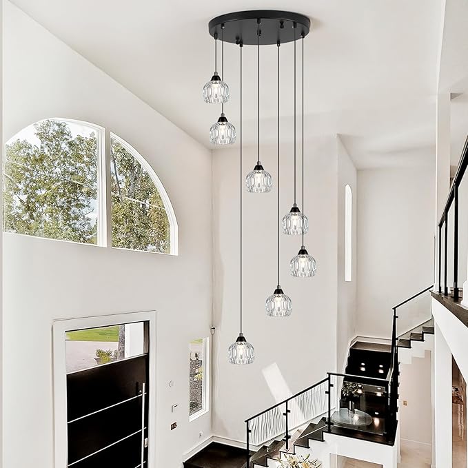 Weesalife Crystal Chandeliers for Staircases, 7-Light Black Modern Chandeliers for High Ceilings,Crystal Pendant Light Fixture for Living Room Kitchen Island Foyer Hallway Bar