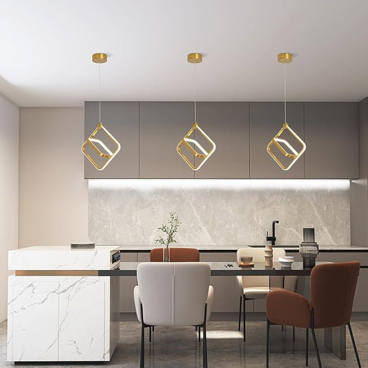 Modern LED Chandelier Gold Rectangular Pendant Light Fixtures 4000K 20W Dimmable Height Adjustable Pendant Lighting for Dining Room Kitchen Island Bedroom Living Room Foyer(3-Pack)