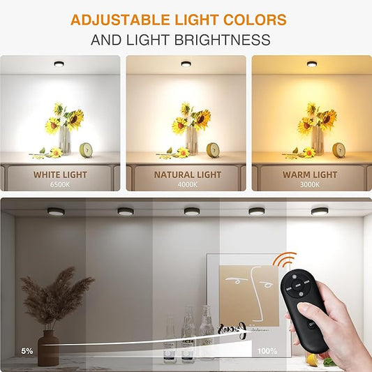 Puck Lights with Remote Control Rechargeable, Full-Screen Wireless LED Under Cabinet Lighting with Light Guide Plate,3 Color Dimmable Stick On Tap Lights for Kitchen,Counter,Closet,Shelf, 4PCS,Black